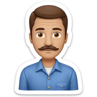 man with mustache, brown hair, 50 years old, shirt, high temple sticker