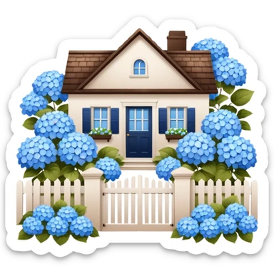 Brown house, white shutters, white fence, blue hydrangeas all over sticker