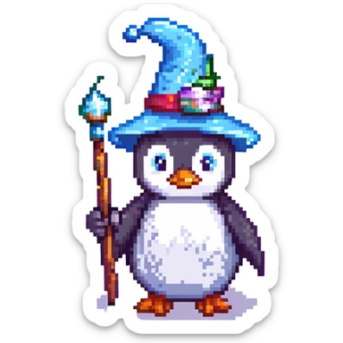 A blocky, retro penguin wizard with a pointy hat and a magic wand sticker