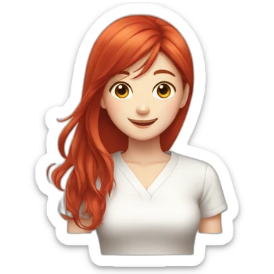Girl, Japanese girl, long red hair, white shirt, happy face sticker