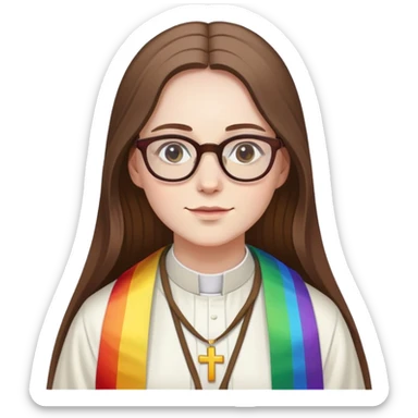 Female priest with glasses, long brown hair, pale skin rainbow stole sticker