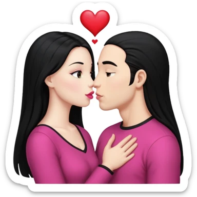 👩🏻‍❤️‍💋‍👨🏻 this one but the man should be bald. white woman with long black hair and white bald young man whoitiut hair and a heart between their heads. she has pink lips and both have brown eyes. sticker