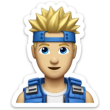 guy with blonde spiked hair, motherboard visor, blue supreme shirt and wink-blink face sticker