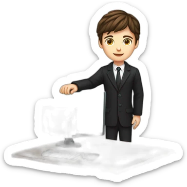 Pc in hands, works on pc, Blue eyes, Classy programmer, 13 years old, coat, formal outfit, pc in hands, brunette boy, uses pc stays on pc, black coat, has pc in hands, all body see sticker