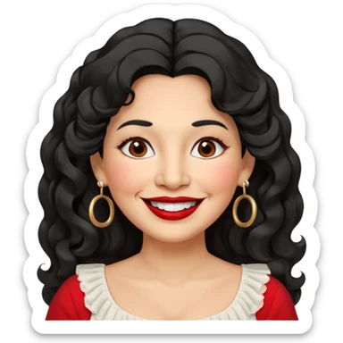 60 yr old peruvian woman, slightly chubby, wavy/curly long black hair, red lipstick, big smile, white teeth, brown eyes, hoop earings, side part to hair, round face, pretty white dress, hair side swept sticker