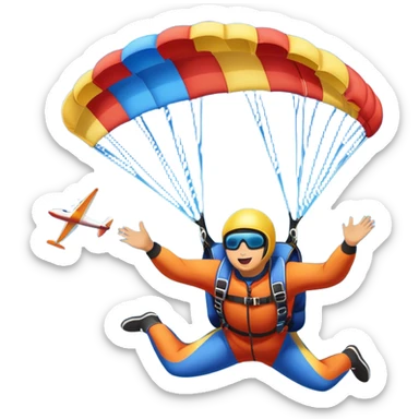 Colorful emoji. A skydiver free-falling through the sky, with a brightly colored parachute open above them. The background features a vast blue sky dotted with fluffy clouds, birds soaring nearby, and a plane flying off in the distance, emphasizing the thrill and freedom of the sport. sticker