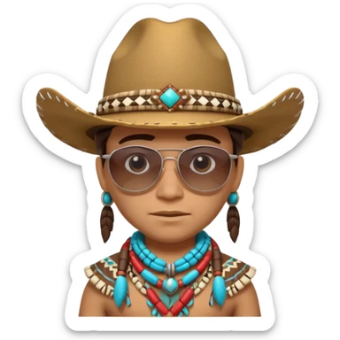 cute Indigenous tribal character portrait, head and shoulders only, cowboy hat, sunglasses, tribal accessories, confident expression, 3D cartoon, mobile game icon style, clean background, no text, no watermark
 sticker