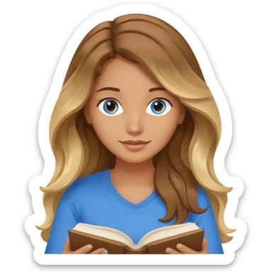 pretty female with long wavy brown hair with blonde highlights and blue eyes  in a relaxed position reading the book 'Rebecca' sticker