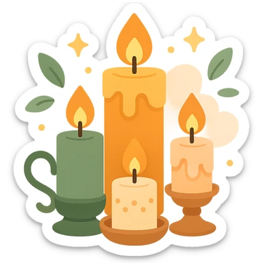 Several cute, glowing candles with flickering flames, set in a cozy and magical atmosphere, designed in a soft color palette: golden orange (FA9B41), deep forest green (4A7C5C), warm taupe brown (96775A), and pastel peach (FFCC9A). The candles are in delicate, slightly vintage holders, with the flames casting a gentle, warm glow. The wax is in shades of golden orange and peach, with subtle gradients, and small decorative patterns or tiny sparkles around them. The soft light from the candles creates a dreamy, enchanting ambiance, surrounded by tiny floating leaves or soft mist. The overall mood is serene, inviting, and magical. sticker