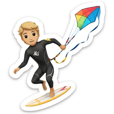 A kite surfer soaring above the waves, holding onto a kite with the wind in full force. The background showcases the ocean and sky, emphasizing the freedom, thrill, and energy of the sport. The motion of the kite and board is dynamic, capturing the excitement of kiting. sticker