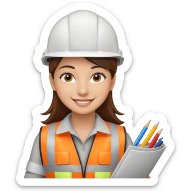 Arquitecta ojos marrones oscuros pestañas piel oliva pelo marron por los hombros sonrie casco blanco chaleco reflectante y material de dibujo técnico sticker