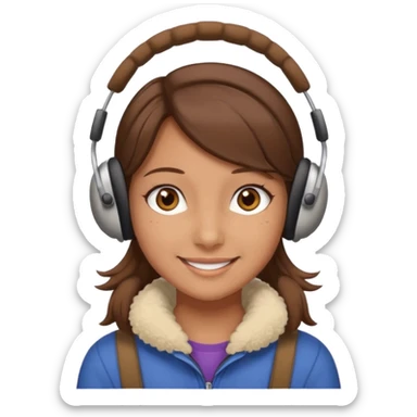 A girl wearing beige ear muffs, tan skin, brown hair, brown eyes smiling sticker