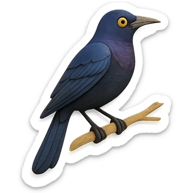common grackle sitting on a branch, delicate paper layers, realistic feather patterns, subtle color variations, striking eye sticker