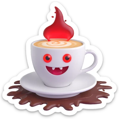 a cappuccino cup with red glowing eyes, menacing smile, and spilled coffee sticker