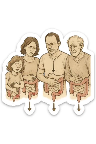 UNA SFILZA DI PARENTI TUTTE MALATE DI CANCRO AL COLON, SI TRAMANDO IL CANCRO NELLE GENERAZIONI, INTESTINO ANATOMICO VISIBILE ED ESPRESSIONE DI DOLORE IN VOLTO, MAL DI PANCIA sticker