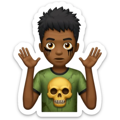 crie um zumbi menino bonito, com aparencia jovem igual, com cabelo preto, curto, com franja, o estilo do cabelo do zumbi seria o mesmo dos meninos de cabelo liso bagunçado do pinterest, faça ele com uma camisa preta sticker