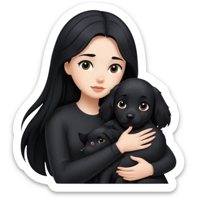 A girl with long black hair wearing black clothes hugs a black dog tightly sticker