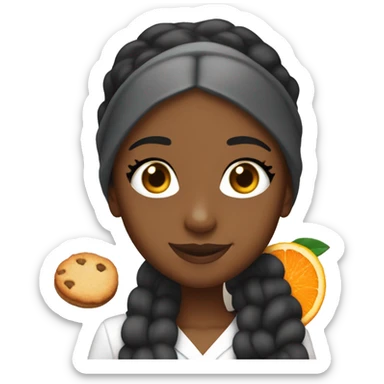 Ariana grande with dark coloured skin. Holding a cookie and a class of orange juice sticker