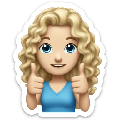White girl with long not nde curly hair blue eyes holding thumbs up sticker