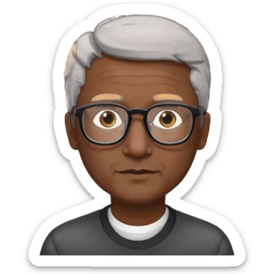 man 60 short grey hair, brown eyes small black rectangle glasses a little bit of dark sking sticker