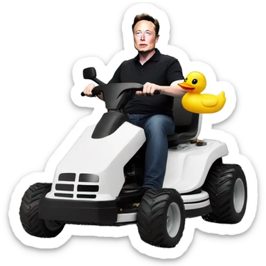 Elon musk riding a lawnmower on the moon with a rubber duck as the steering wheel sticker