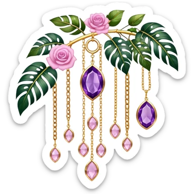 Hanging suncatcher, gold chains with shiny sparkly amethyst and rose-quartz gemstones, roses, beautiful tropical leaves, gorgeous aesthetics sticker