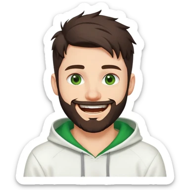 laughing guy with white hoodie, white t-shirt underneath, green eyes, dark brown undercut hairstyle and a short full beard sticker