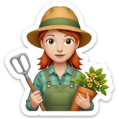 red hair gardener holding gardening tools, with hat sticker