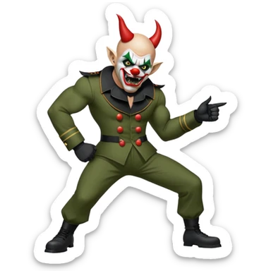 evil clown, bald, short black devil horns on forehead, fangs, pointed ears, black and military green leisure suit, realistically proportioned, bulky and muscular, full body, battle-ready, fighting posture sticker