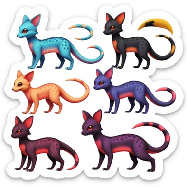 Neon-magma-pastel-gradients-colored Salandit-Umbreon-Genet-Noivern-Noibat-Serval-Hybrid (Full body) sticker