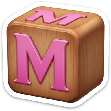 A rounded toy block with the pink letter "M" on it sticker