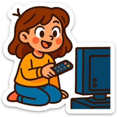 brown haired girl watching TV or holding a TV remote, vibrant illustration style sticker