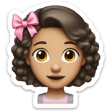 A girl with dark brown hair and a pink bow sticker