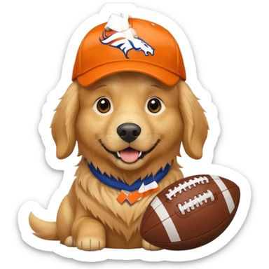 Dog wearing a Broncos hat it’s a golden retriever. The dog is holding a football. sticker