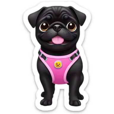 Black pug smiling in pink harness sticker