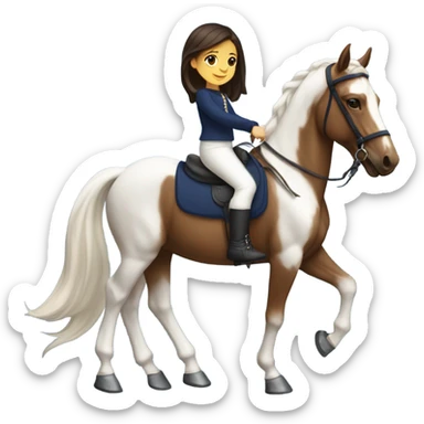 White little girl with dark hair riding Arabian horse brown wearing white top and navy blue bottom and white boots sticker