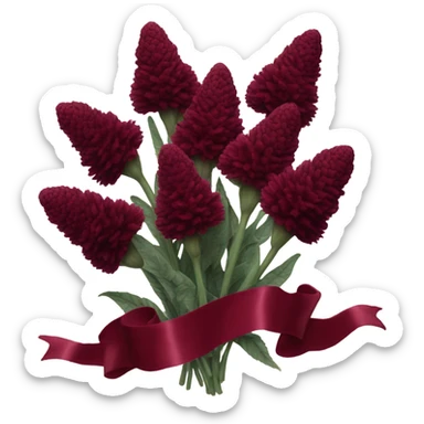 A vintage bouquet of dark red celosia wrapped in a flowing burgundy ribbon
 sticker