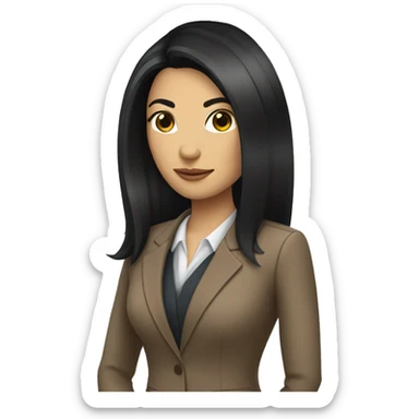Female defense attorney with long black hair with brown suit sticker