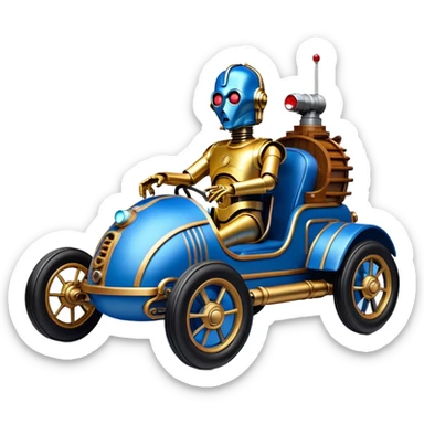  tarnished blue neon underglow C-3PO ghost buster 1964 delicately ornate rosegold wood accents Model-T bucket barrel powered by electric motors and batteries with racing safety belts while flying rapidly roughening terrain stable on strong agile advanced suspension and steering sticker