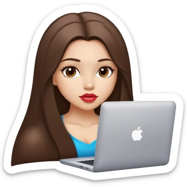 Glamour, plump lips, beautiful sexy girl, with long straight brunette hair, with laptop working sticker