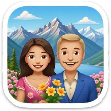 Laughing Couple traveling in Montenegro russian man and elegant  Latina girl delicate flowers and mountains in the background sticker