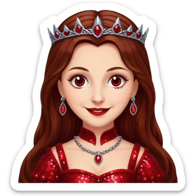 Countess Bathory with long brown hair, red sequin outfit sticker