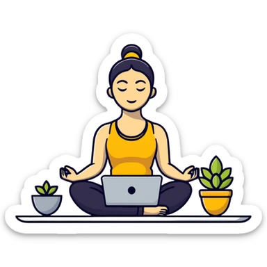 cartoon sticker of a yoga teacher meditating with a laptop beside her sticker
