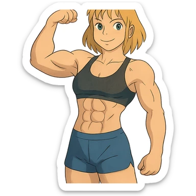 full body pose of a muscular white girl with blonde hair and green eyes, flexing 6 pack abs and one arm bicep sticker