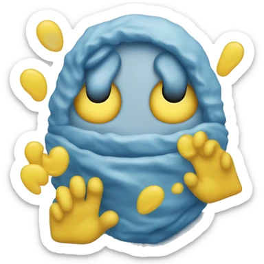 a blue freezing face emoji but its thawing back to the standard emoji yellow color and has a big smile sticker
