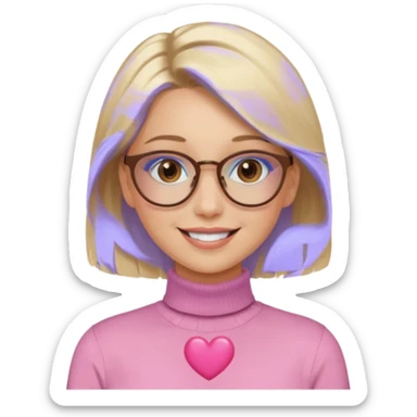 Asthectic pretty Blonde women brown eyes, blue glasses, wearing a brown polo neck shirt and smiling with a pink heart around her. sticker