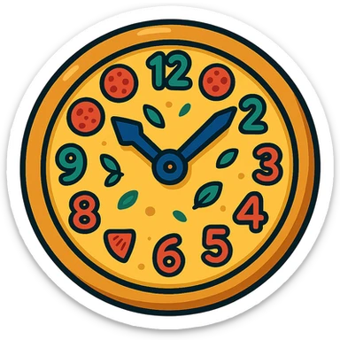 a round pizza with clock hands and numbers made of toppings, cartoon style sticker