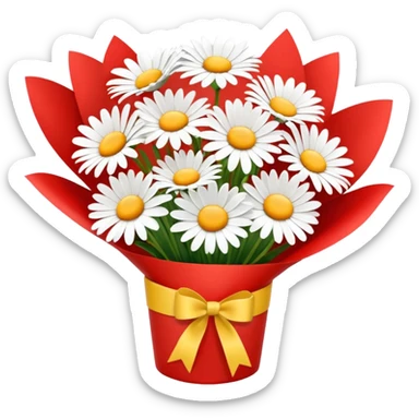 bouquet of daisy with red bow and red wrapping paper sticker