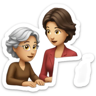 Brunette sitting opposite old woman looking at laptop sticker