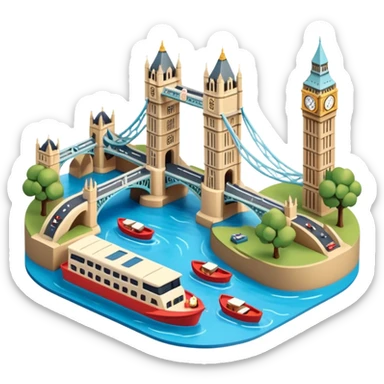 Isometric illustration of London with Tower Bridge over a small river section, toy-style boats, Big Ben peeking in background, vibrant yet muted colors, in miniature diorama style. sticker